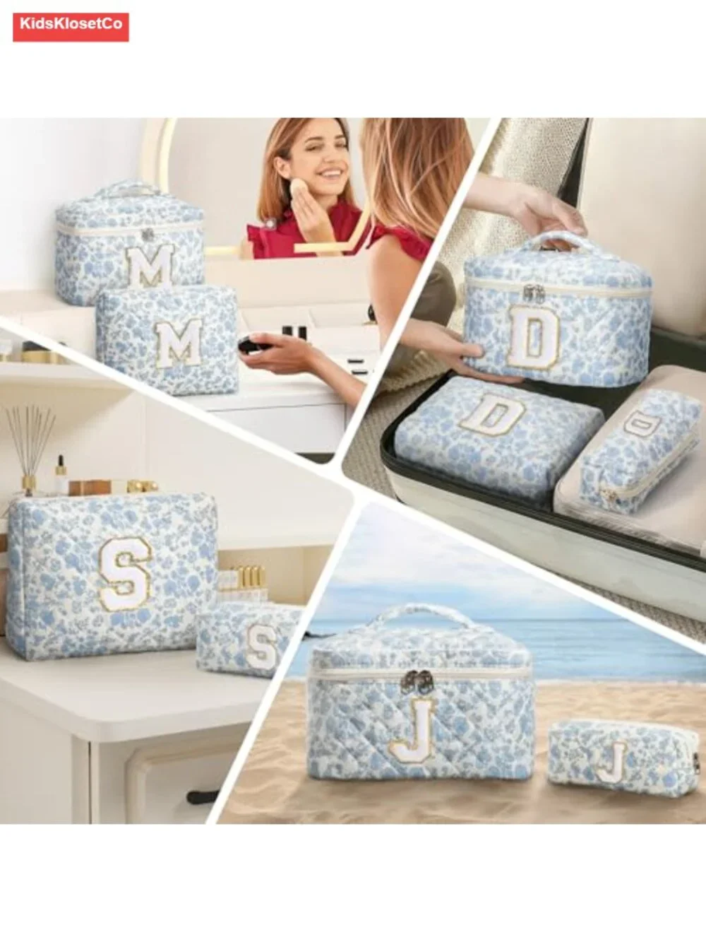 Personalized Initial Quilted Makeup Bag Set, Floral Cosmetic Toiletry Travel